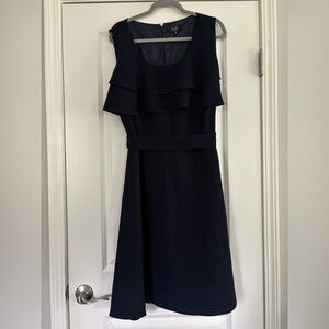 NWT Alex Marie Navy Sleeveless Midi Dress with Layered Bodice and Belt, Size 16